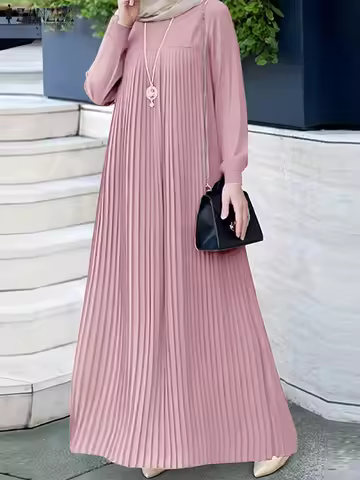 2026 ZANZEA Spring Elegant Long Sleeve Pleated Sundress Muslim Abaya Hijab Dress Fashion Casual IsIa