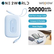 WOPOW SQ73 20000mAh Mini Power Bank with Built-in LN & Type-C Cables, 22.5W/20W Fast Charging for iP