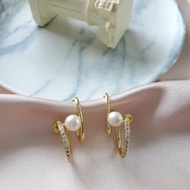 925 純銀耳針 珍珠耳環 ~ 鑲鑽耳掛 ~ 雙層耳骨夾 ~ 鍍14K金