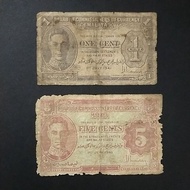 Malaya British Borneo King George VI Old Banknote 1 Cent and 5 Cents Year 1941 (Heavy Circulated Con