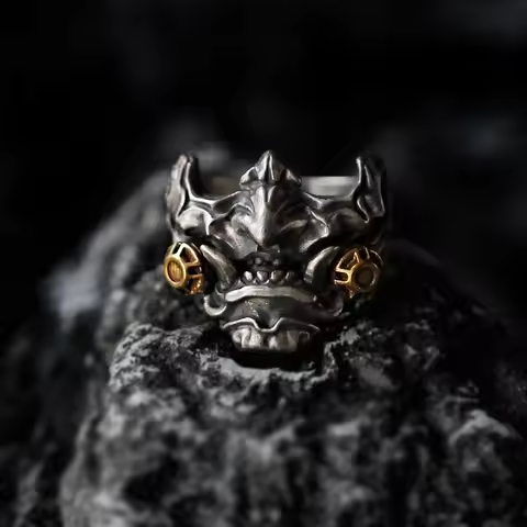 Retro Samurai Cyberpunk Mask Ring Punk Gothic Adjustable Open Ring For Men Copper Designer Jewelry B