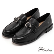 FM SHOES Women's Textured Side Buckle Genuine Leather Loafers Black