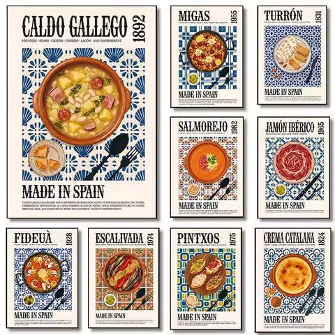 World Cuisine Vintage Kitchen Posters Turrón Spanish Nougat Salmorejo Prints Canvas Painting Wall Ar
