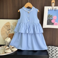 FG25-28201 Children's Jumpsuit. Girl's Blue Sleeveless Splicing Skirt Sweet Dress Sz 3Y-7Y