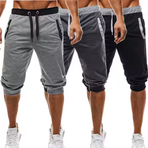 2025 new men's sports pants men's casual jogging shorts elastic fitness pants seven quarter pants ca