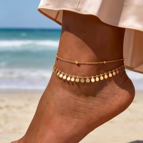 Adjustable Anklet Bracelet, 18K Gold Plated Waterproof Stainless Steel Bead Chain Disc Tassel Anklet