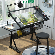 Bàn vẽ kỹ thuật mặt kính cường lực tuỳ chỉnh góc nghiêng kèm đèn kẹp đầy đủ công năng - GN87