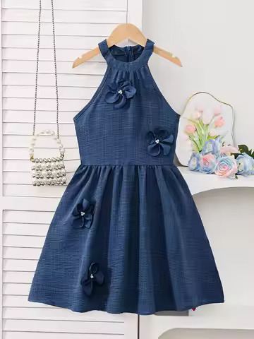Girls Halter Neck Denim Dress 3D Pearl Flower Decor Sleeveless A‑Line Midi Dresses 4‑12Y Kids Party 