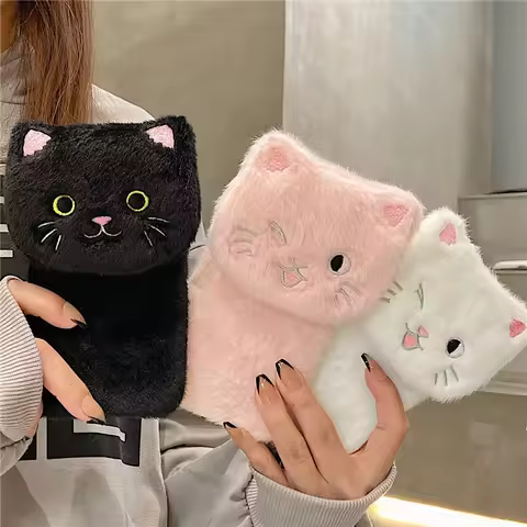 3D Embroidery Cat Warm Plush Tpu Soft Phone Case For Samsung S22 S21 FE S20 S10 S9 S8 Plus S7 S6 Not
