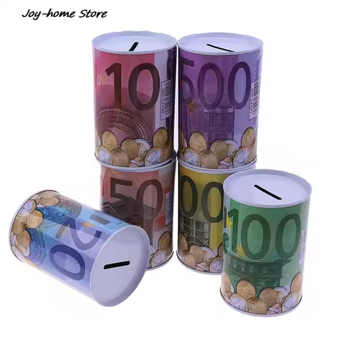 Tinplate Cylinder Piggy Bank Euro Dollar Picture Box Household Saving Money Box Home Decoration Mone