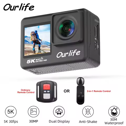 Ourlife 5K30FPS Action Camera 2.0'' Touch LCD 170° DVR 30M Waterproof Remote Control 5X Zoom Helmet 