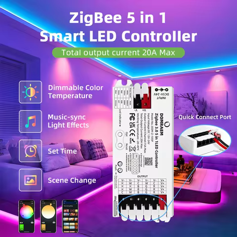 DOMRAEM Zigbee 3.0 Smart 5 in1 LED Controller DIMMER WW/CW RGB RGBWCCT Strips Works with 3.0 Hubs (H