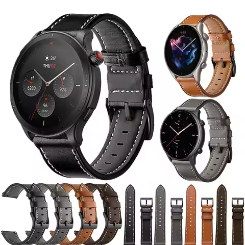 22mm Leather Band For Huami Amazfit 4/3/3 pro/2e/2 Smart Watch Straps for Amazfit GTR 47mm Stratos 3