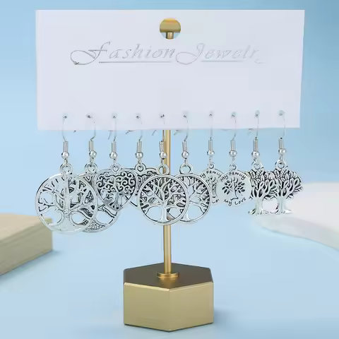 5 Pairs Antique Silvery Alloy Life Trees Love Dangle Earrings Fashionable Elegant Charms Jewelry Exq