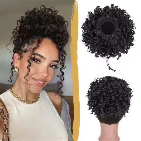 Benehair Synthetic Drawstring Ponytails For Women 8" Short Afro Puffs Hair Buns Kinky Curly Hairpiec