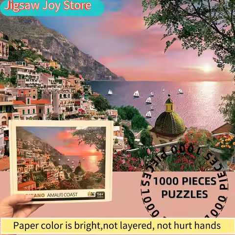 Adult Jigsaw Puzzle - Amalfi Coast Italy Scenic Riverside Harbor Sunset Art, Vibrant Colors 70x50cm 