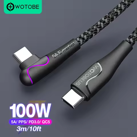 USB C to USB C Cable 2m 3m PD100W 5A E-Marker, WOTOBE 10ft LED 7-color 90° elbow USB Type-C Nylon Br