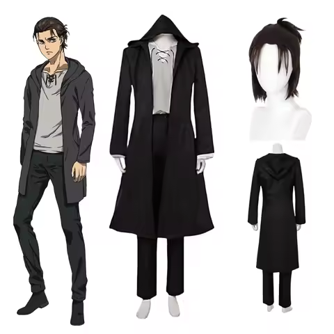 Eren Jaeger Cosplay Costume Anime Titan Costume Wig Cosplay Eren Yeager Black Hooded Trench T-shirt 
