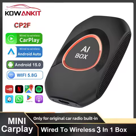 Kowankit CP2F Android 15 3 in 1 Wireless CarPlay Smart AI Box Android Auto Adapter Plug Play Car TV 