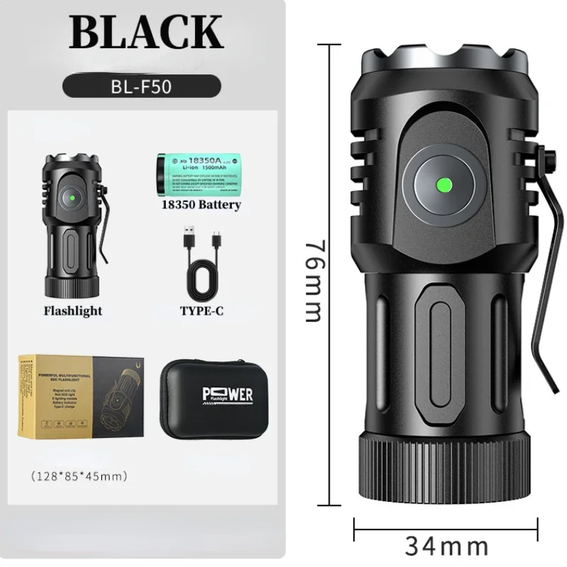 Powerful Portable Mini Flashlight USB Rechargeable 18350 Battery Strong Torch with Tail Magnet Cap C