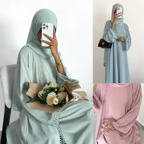 Fashionable Plus Size Cardigan With Lace Trim+ 2 Piece Inner Set Prayer Dress Moroccan Muslim Woman