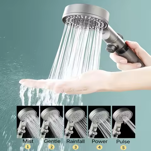 Hydro Boost High Pressure Shower Head 5 Spray Modes Stainless Steel Water Saving Filter Showerhead W
