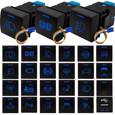 12V Blue LED Push Button Switch USB Light Bar BSM Camera Monitor for Toyota Prado 150 Camry Corolla 