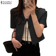 ZANZEA Women Korean Daily Lace-Up Front Collar Short Sleeve Suit Blazer