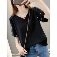 V-neck Beaded Lace Short-Sleeved T-Shirt Women 2022 Spring Summer New Style Korean Version Loose All-Match Thin Top Sweet