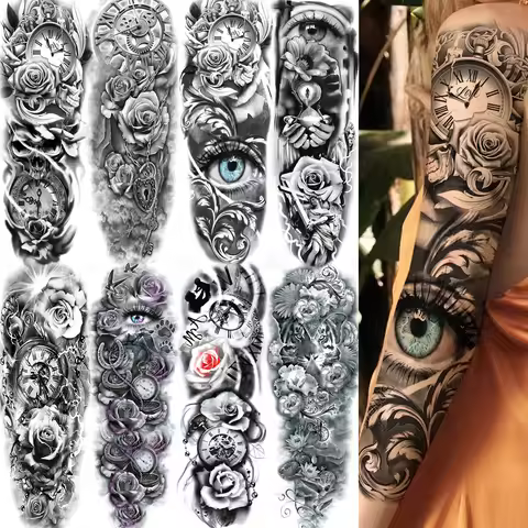 1 Sheet Flower Rose Compass Temporary Tattoos For Women Adults Full Arm Body Thigh Water Transfer Sl