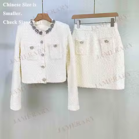 Autumn Winter Luxury Diamond Two Piece Set Women Cardigan + Short Skirts 2pcs Outfits Single Breaste