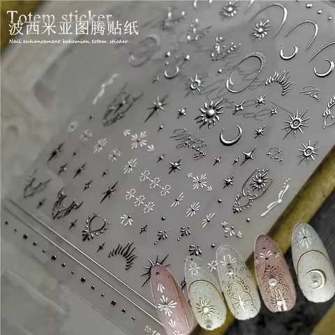 3D Bronzing Silver Nail Art Sticker 8*10CM Laser Bohemia Star Moon Sun Nail Decals Self-Adhesive Sil
