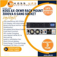 KOSS Axcell Rack Mount 3000VA 2700W Uninterrupted Power Supply 6x UK 3Pin Socket 6x 12V 9 AH AX-3KWR