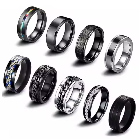 9pcs Men's Black Stainless Steel Ring, Fashion Wedding Promise Men's Ring Set, Simple Cool Ring Set 