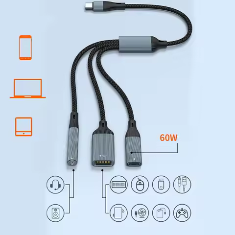 Type C 3 in 1 Adapter Cable USB C to USB Type C 3.5mm Sound PD60W Fast Charging OTG Data for Laptops