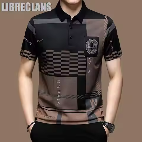 Men's Polo Shirt Business Casual Summer Short Sleeves Tops Pattern Print Button T Shirt Loose Clothe