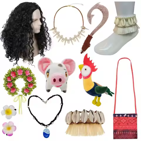 Princess Moana Maui Cosplay Wig Necklace Flower Clip Moana Pet Pig and Cock Plush Dress Up Set Hallo