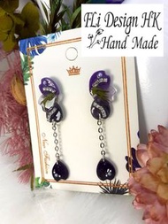 DIY hand made Earrings 純手工設計，優雅/高貴/超漂亮閃鑽和仿珍珠配日本紫色櫻花瓣造型加乾葉耳環一對! 用 UV Resin 樹脂膠 / 滴膠精心制作8小時一對, 獨一無二 ( 