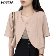 Vonda Women Korean Daily Round Neck Open Placket Short Sleeves Blazer