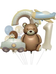 1套熊型氣球,1~9數字型氣球,泰迪熊氣球,嬰兒淋浴生日裝飾,鋁箔動物氣球,適用於《熊大探險》主題生日派對裝飾
