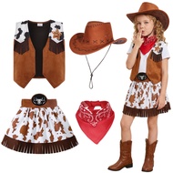 Girls Cowgirl Costume Set Vest Skirt Hat Bandana Kids Halloween Party Cosplay Fancy Outfit