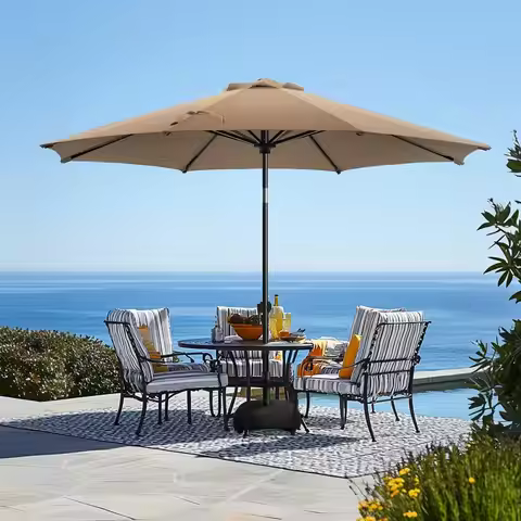 9FT Patio Umbrella with Base 8 Ribs Waterproof Fade Resistant Polyester Canopy for Deck Lawn Garden 