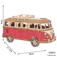 3D Wooden Car Puzzle Retro Bus European Style Campervan DIY Assembly Model Kit Educational Toy for C