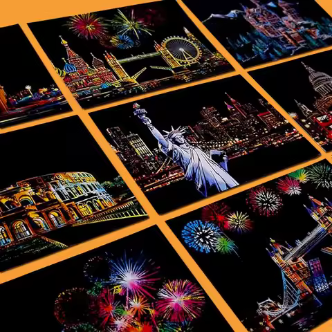 Night Scene Scratch Art Urban Landscape Architecture Clip Art 4PCS Postcard Style Colorful Scratch A