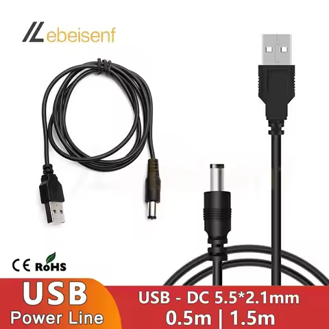 5V USB to DC Power Supply Cable USB2.0 to DC5521 Male Charging Cable 3A Black 0.5m 1.5m Conversion L