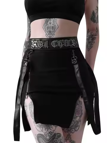 Dark Double Zipper Bag Hip Split Gothic Design Tight Skirt Harajuku Black Gothic Bag Hip Skirt Kawai