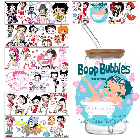 Cartoon Betty Boop UV DTF Cup Wrap 16oz Uvdtf Bottle Glass DIY Selfadhesive Washable Transfer Sticke