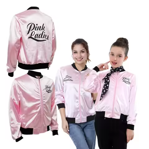 Disfraz Pink Ladies Jacket Grease Costume Retro 50s Fancy Casual Coat Scarf Outfits Halloween Carniv