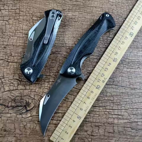 TWOSUN Folding Knife 14C28N Curved Blade Ceramic Ball Wearing Black Micarta Handle Outdoor Camping H