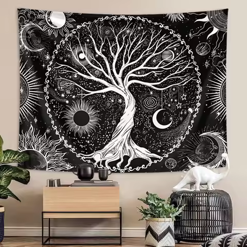 1pc Tree of Life tapestry wall hanging, sun, moon, stars black and white tapestry, Milky Way wall ta